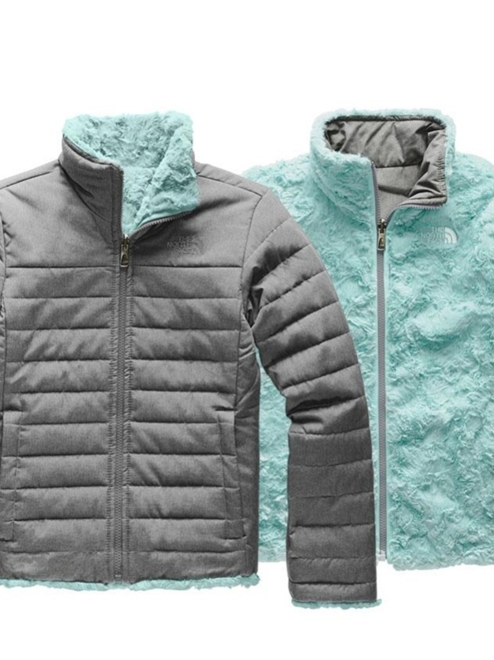 North Face Reversible Mossbud Swirl Girls Jacket Mint And Gray SIze L/14-16